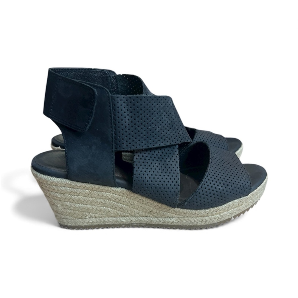 Eileen Fisher Espadrille Wedge Sandals Black Size 8.5 Summer Resort Vacation